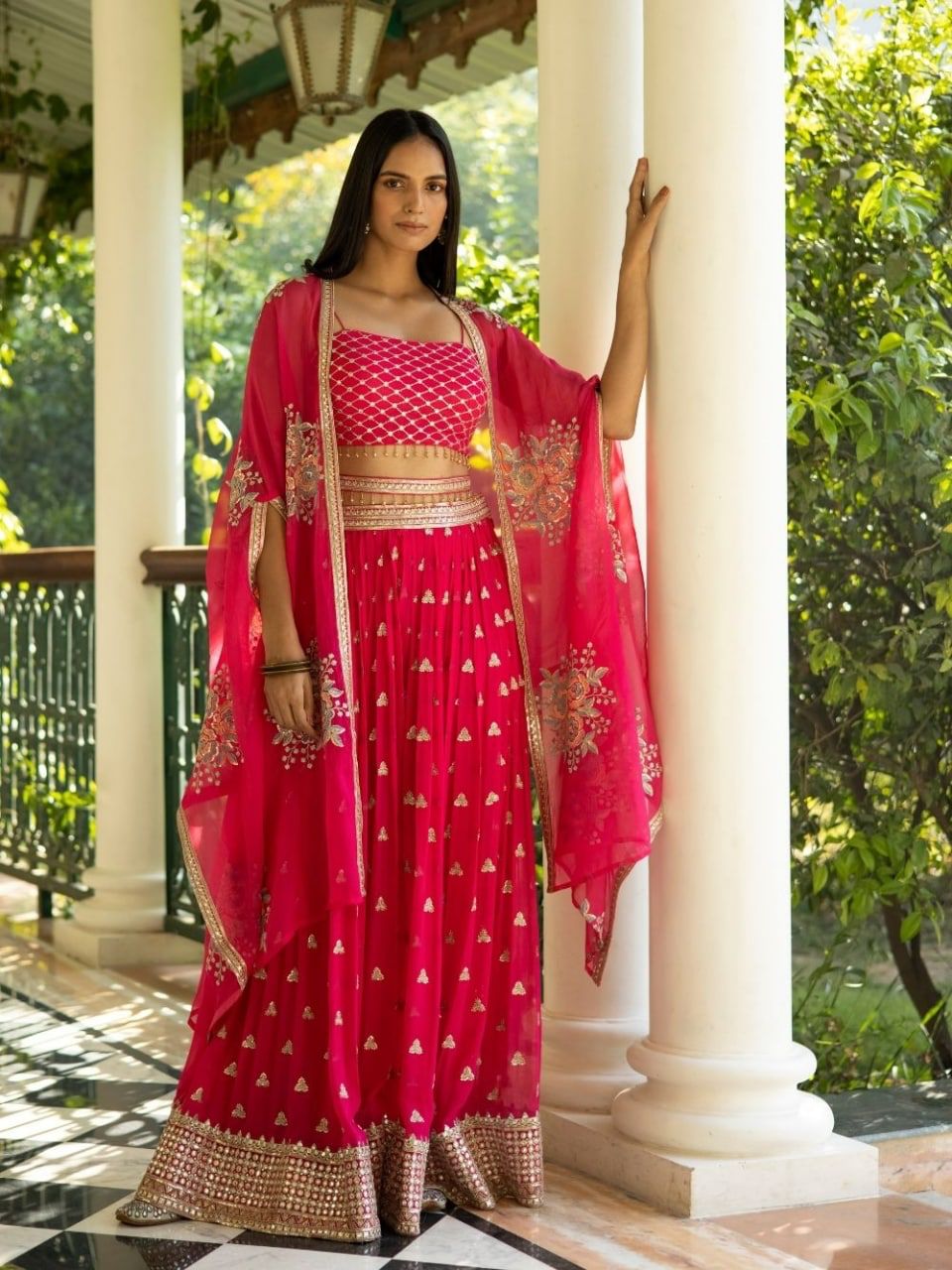 Red georgette heavy embroidered plazzo suit for wedding