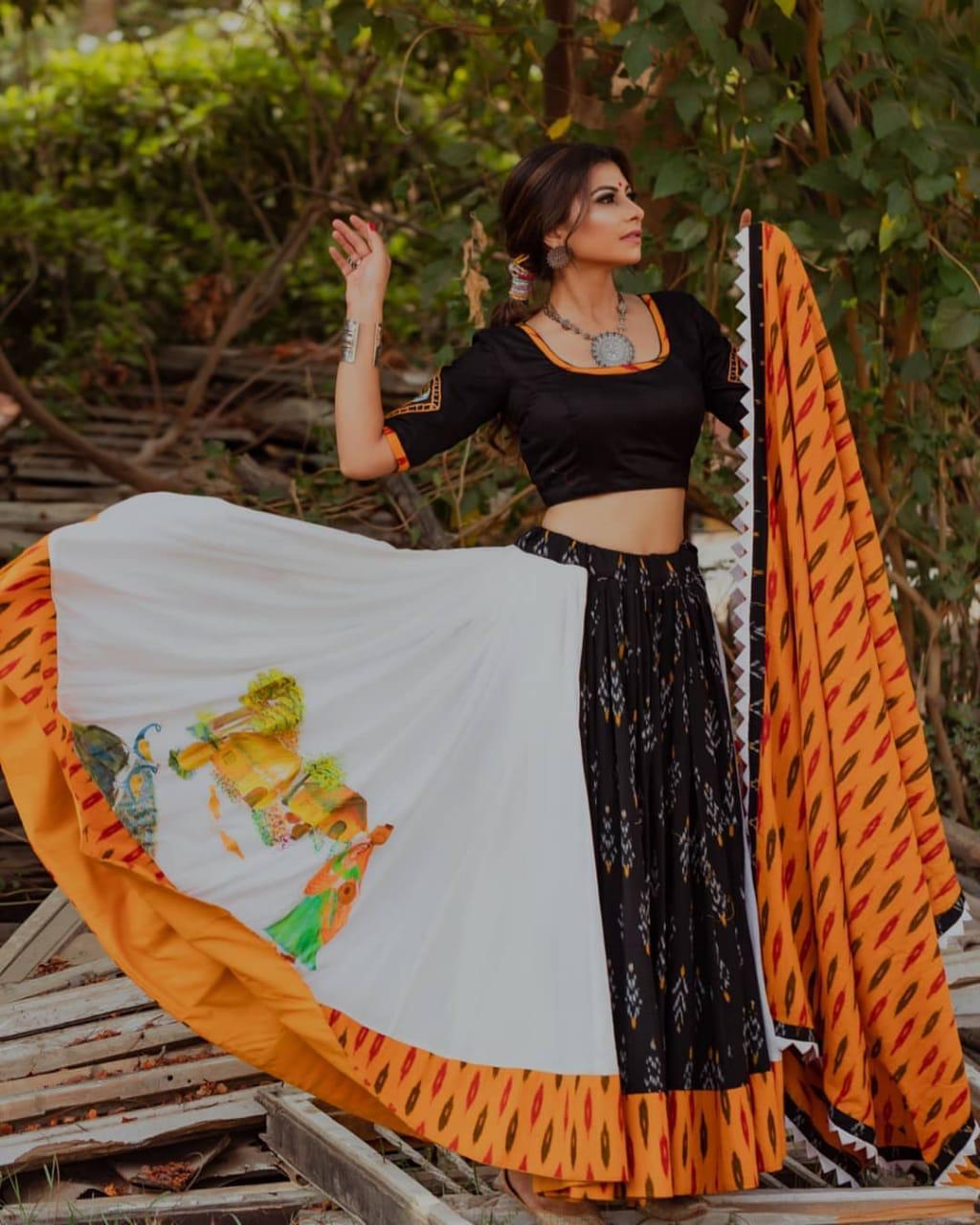 Extraordinary Garba Special Black And White Color Digital Print Lahenga Choli