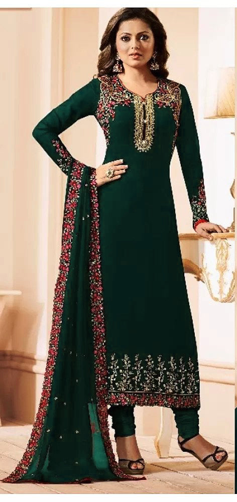 Drasht Dhami Designer green Color Embroidered Work Straight Salwar Suit
