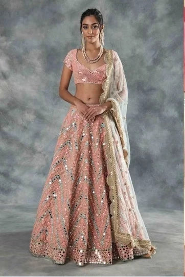 Peach Color Party Wear Designer Net Heavy Embroidered Lehenga