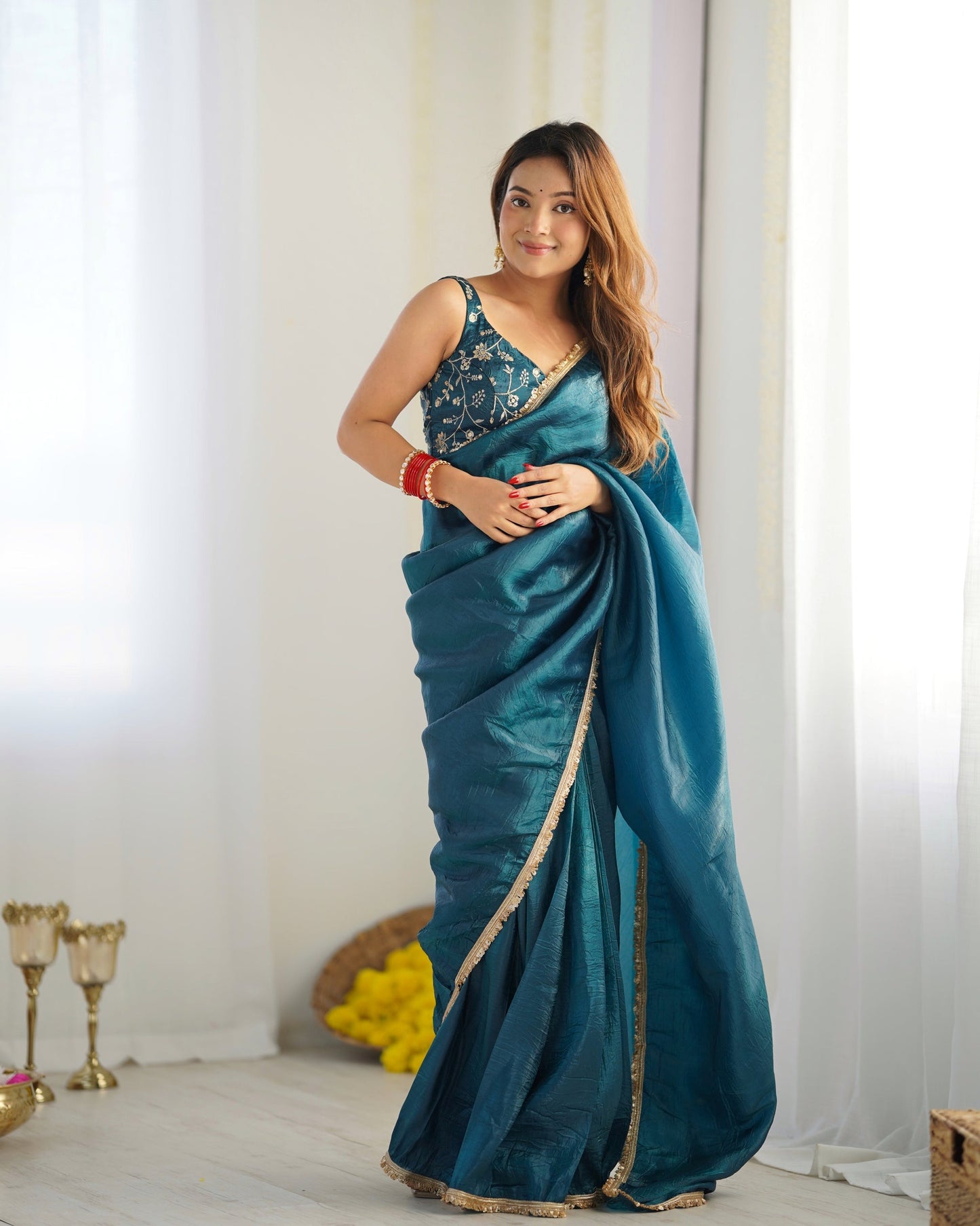 sTEAL BLUE COLOR TISSUE SILK PRE DRAPED SAREE