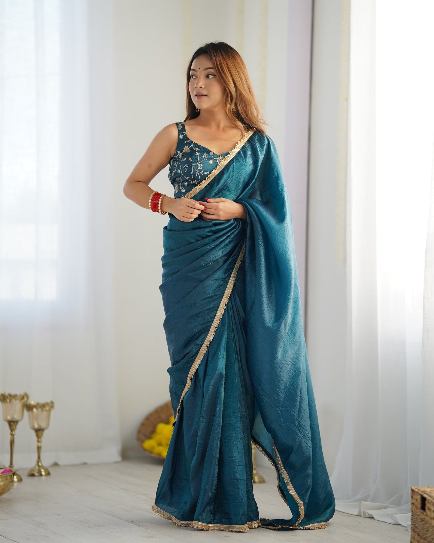 sTEAL BLUE COLOR TISSUE SILK PRE DRAPED SAREE