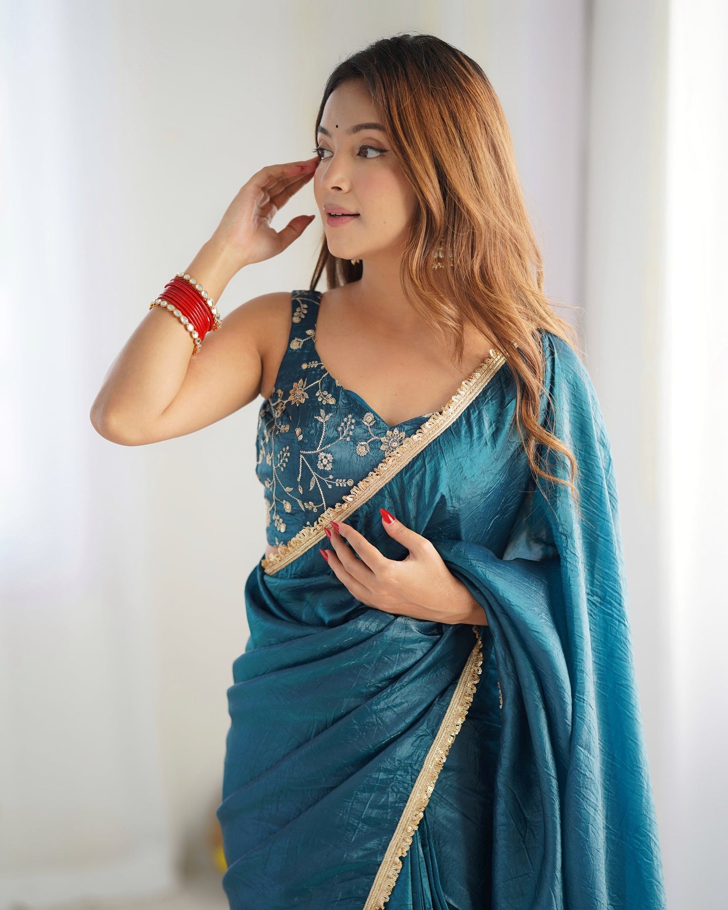sTEAL BLUE COLOR TISSUE SILK PRE DRAPED SAREE