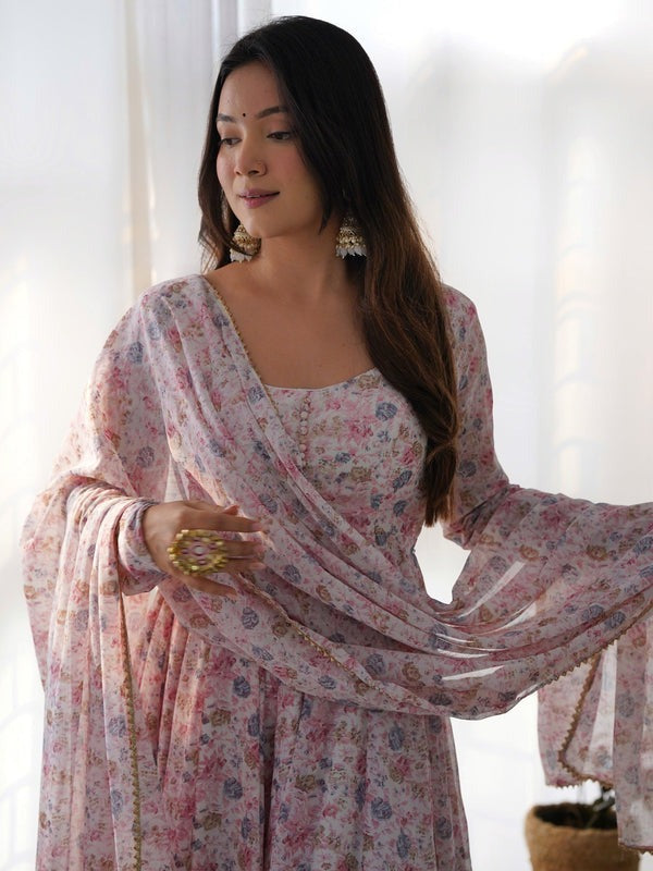Precious Pink Digital Printed Chiffon Anarkali Suit With Dupatta