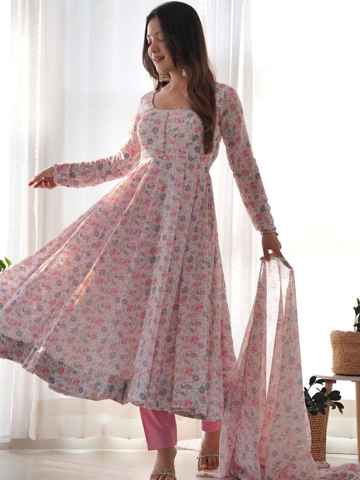 Precious Pink Digital Printed Chiffon Anarkali Suit With Dupatta