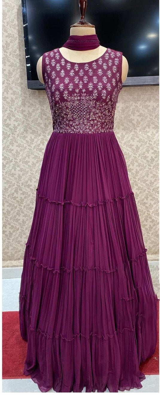 Party Wear Wine Ruffle Gown For Girls