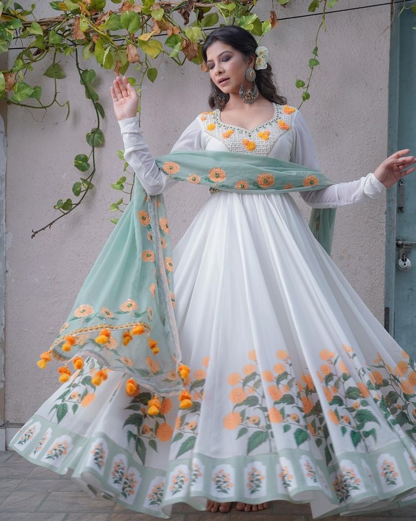 WHITE COLOR EMBROIDERY WORK & DIGITAL PRINTED GOWN