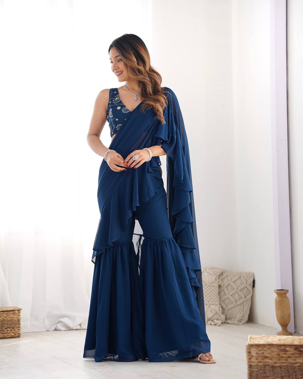 Elegant Ruffle Saree Gown with Flared Palazzo Pants