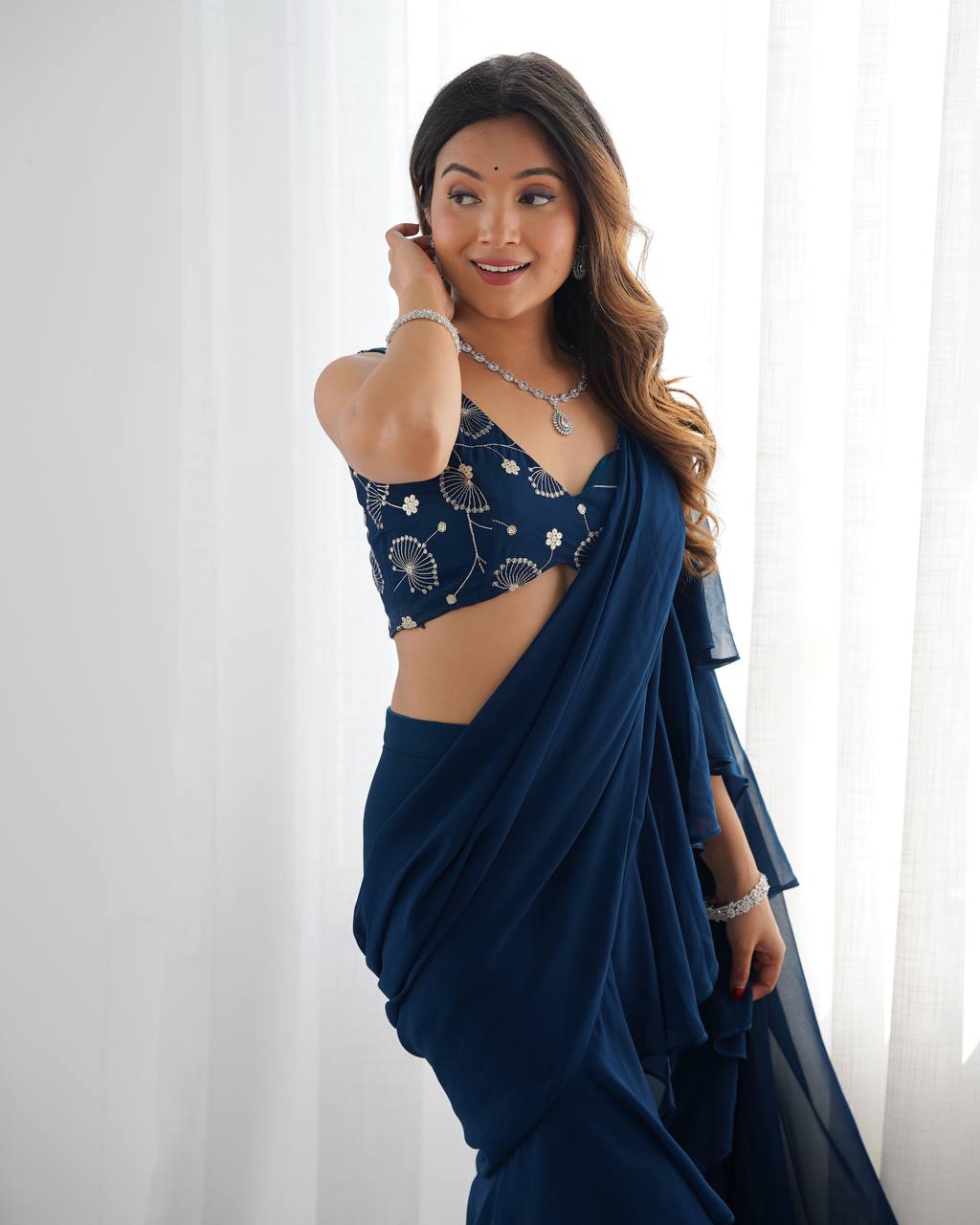 Elegant Ruffle Saree Gown with Flared Palazzo Pants