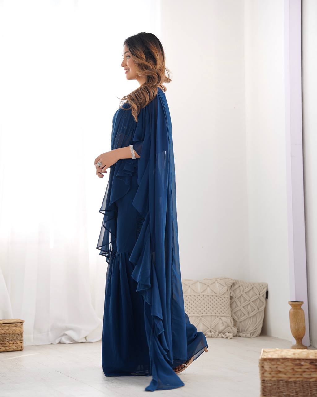 Elegant Ruffle Saree Gown with Flared Palazzo Pants