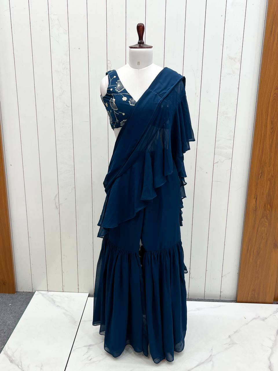 Elegant Ruffle Saree Gown with Flared Palazzo Pants