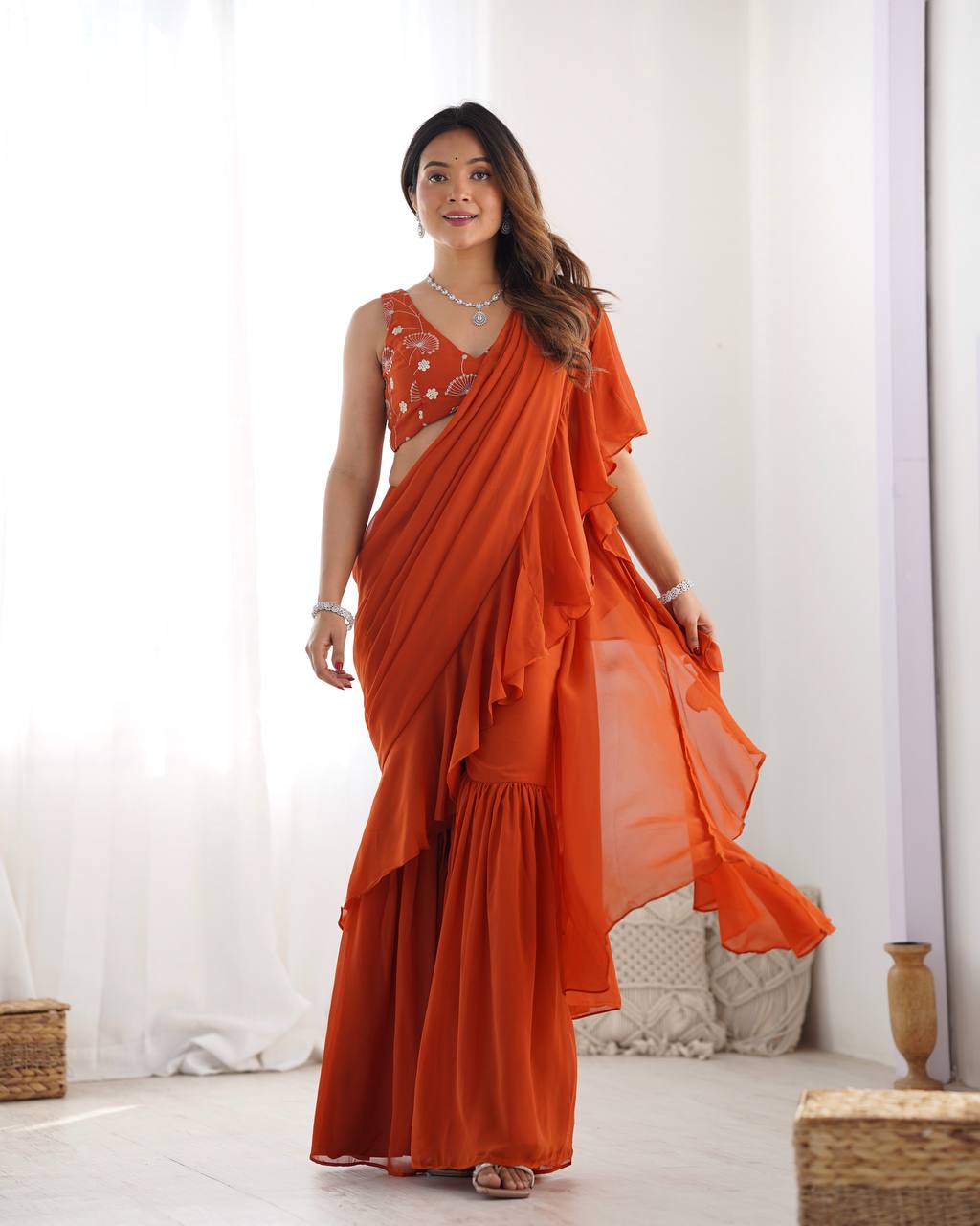 Elegant Ruffle Saree Gown with Flared Palazzo Pants
