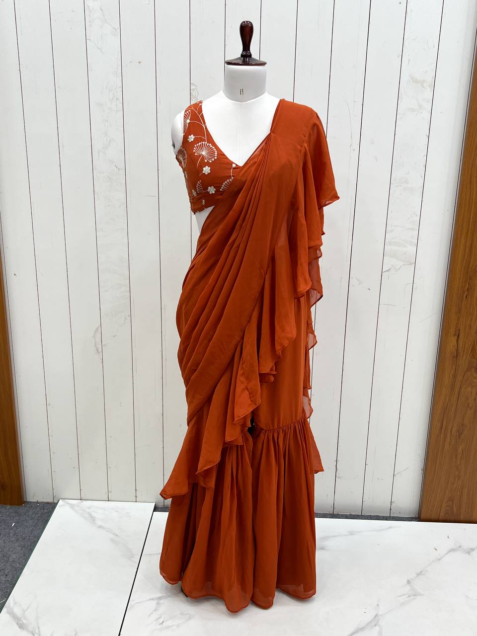 Elegant Ruffle Saree Gown with Flared Palazzo Pants