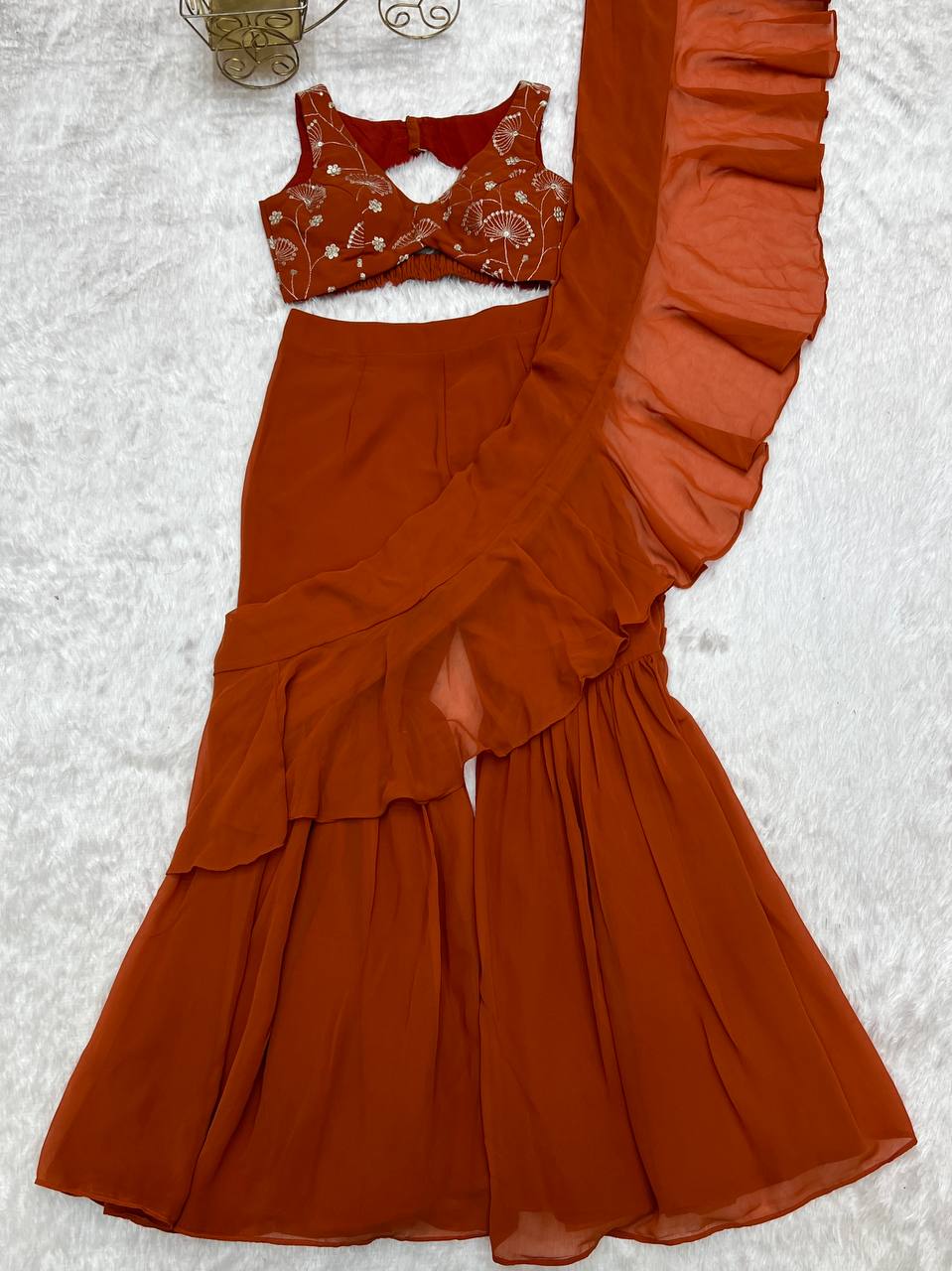 Elegant Ruffle Saree Gown with Flared Palazzo Pants
