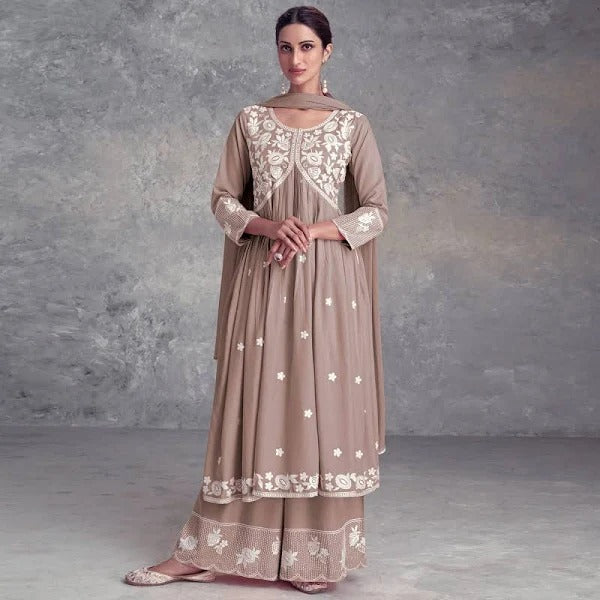 Rosy Brown Floral Embroidered Rayon Salwar Suit