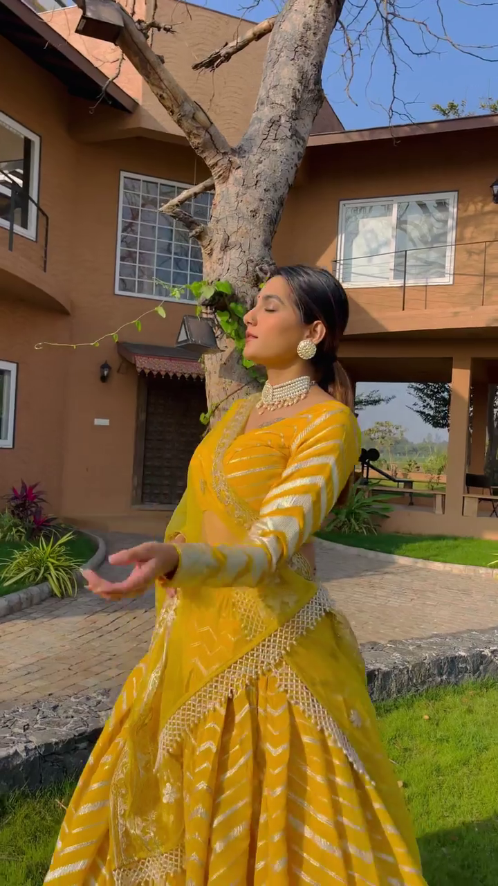 New Attrective Yellow Embroidery Work Wedding Wear Lehenga
