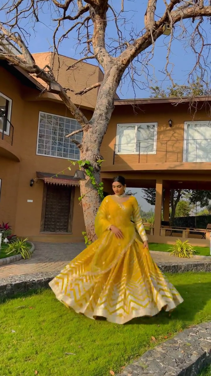 New Attrective Yellow Embroidery Work Wedding Wear Lehenga