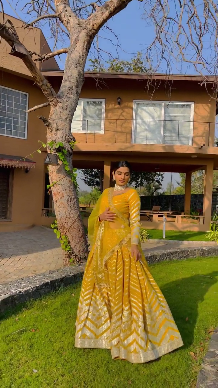 New Attrective Yellow Embroidery Work Wedding Wear Lehenga