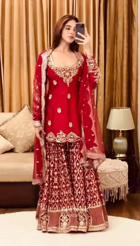 Launching New Designer Party Wear Look Fancy Top-Dupatta and Fully Stitched Sharara*