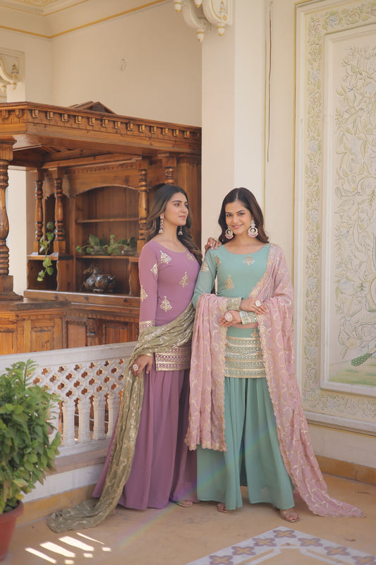 BEAUTIFUL BOTTLE GREEN AND ONION COLOR GEORGETTE THREE PIECE PLAZZO SUIT