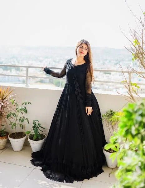 DEMANDING BLACK COLOR LACE WORK LONG ANARKALI GOWN