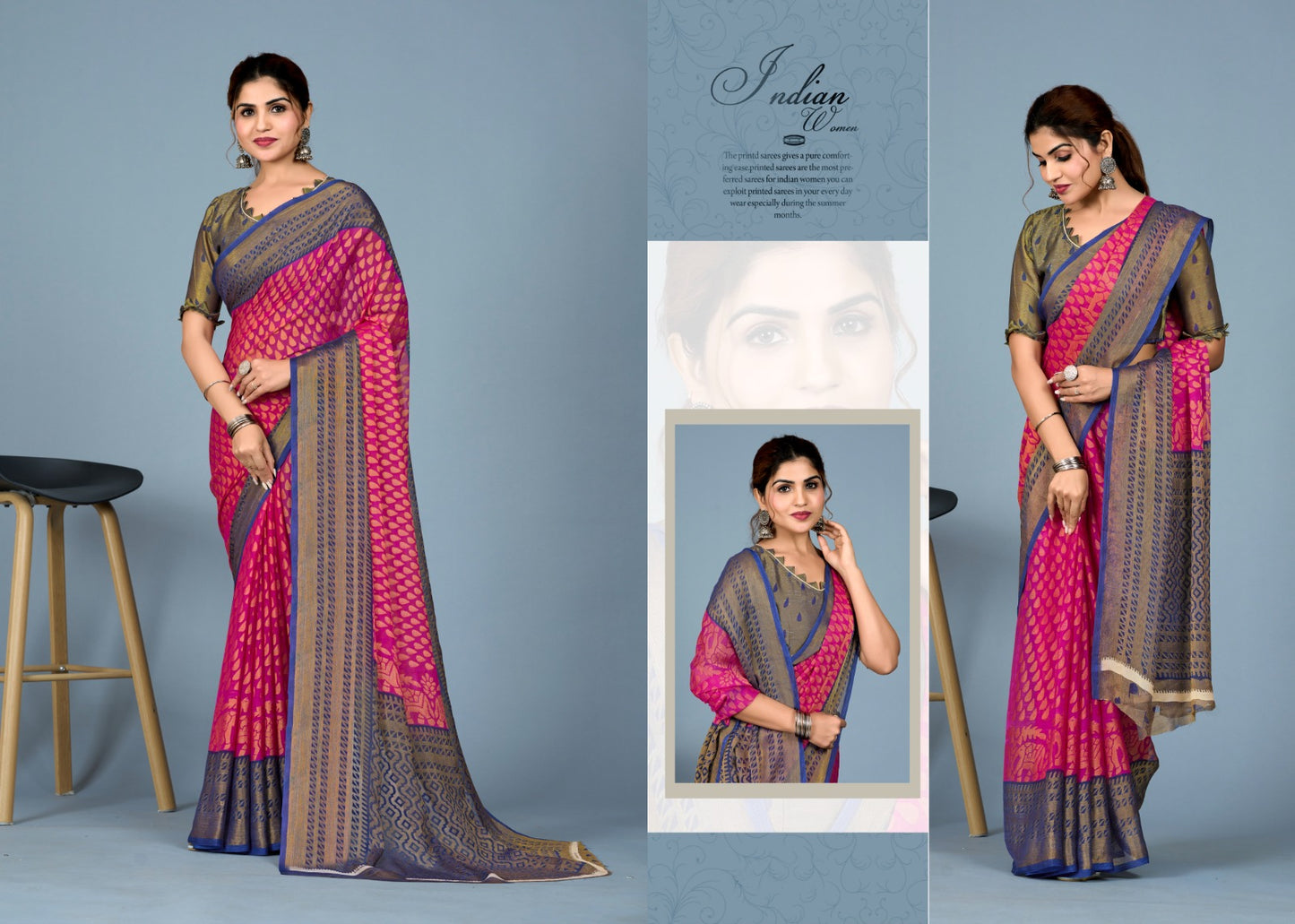 Chiffon brasso tilak print jhaler saree with border colour matching Unstitched blouse