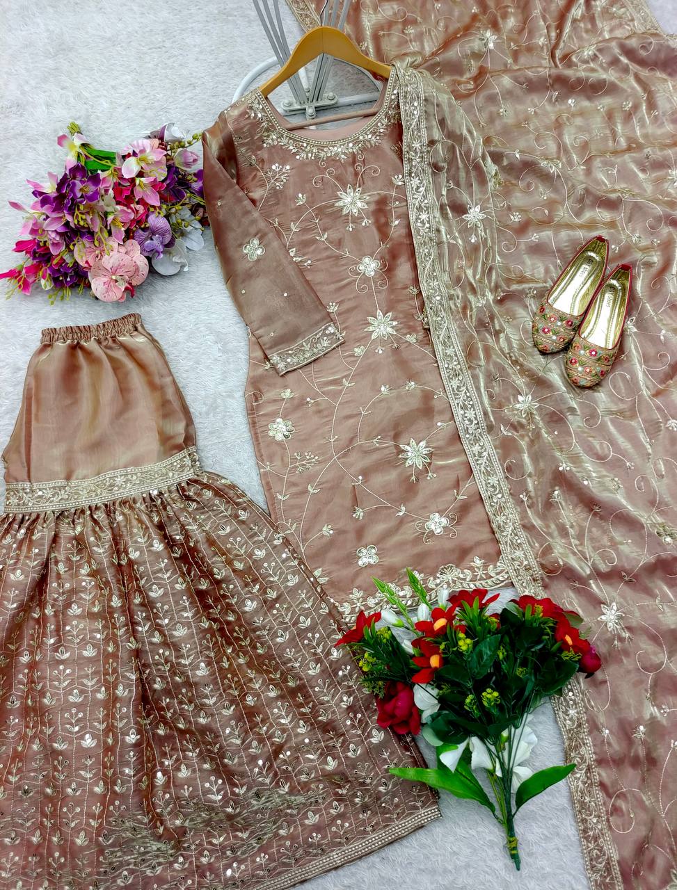 Designer Bridal Sharara Suit in Rose Gold with Heavy Embroidery