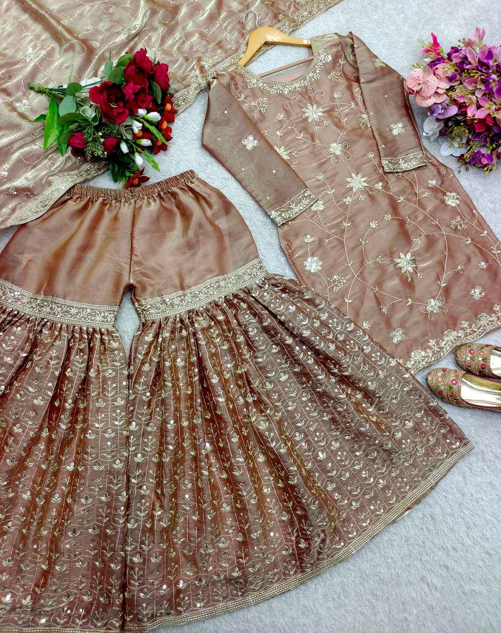 Designer Bridal Sharara Suit in Rose Gold with Heavy Embroidery