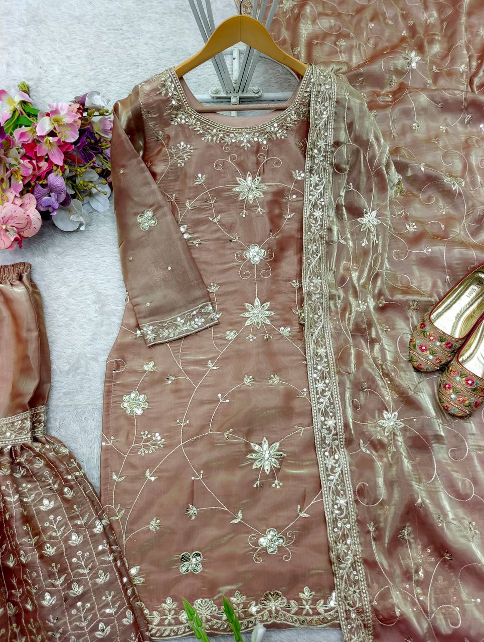 Designer Bridal Sharara Suit in Rose Gold with Heavy Embroidery