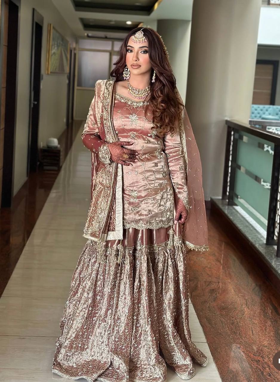 Designer Bridal Sharara Suit in Rose Gold with Heavy Embroidery