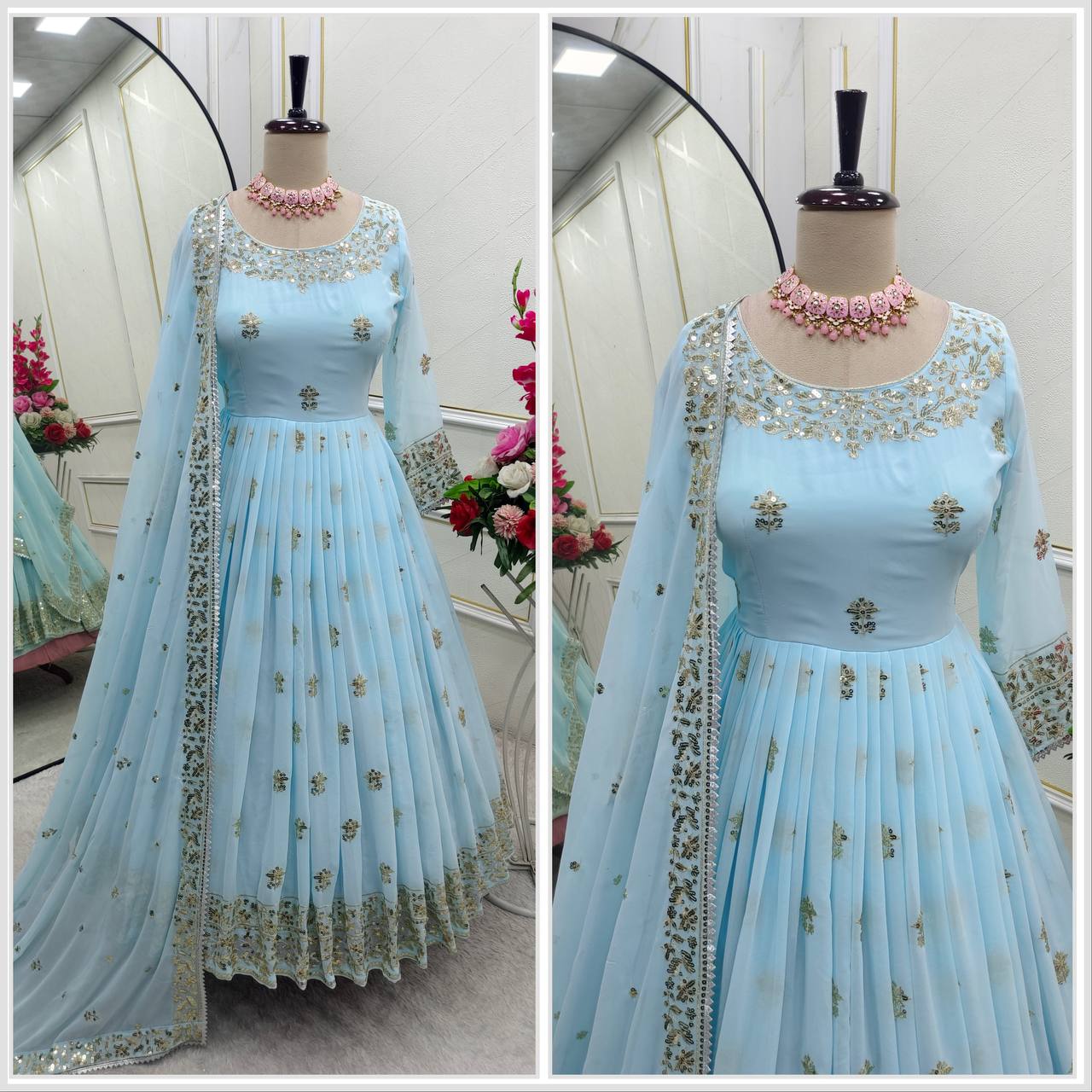 Pastel Blue Georgett  Gown with Dupatta and Golden Embroidery