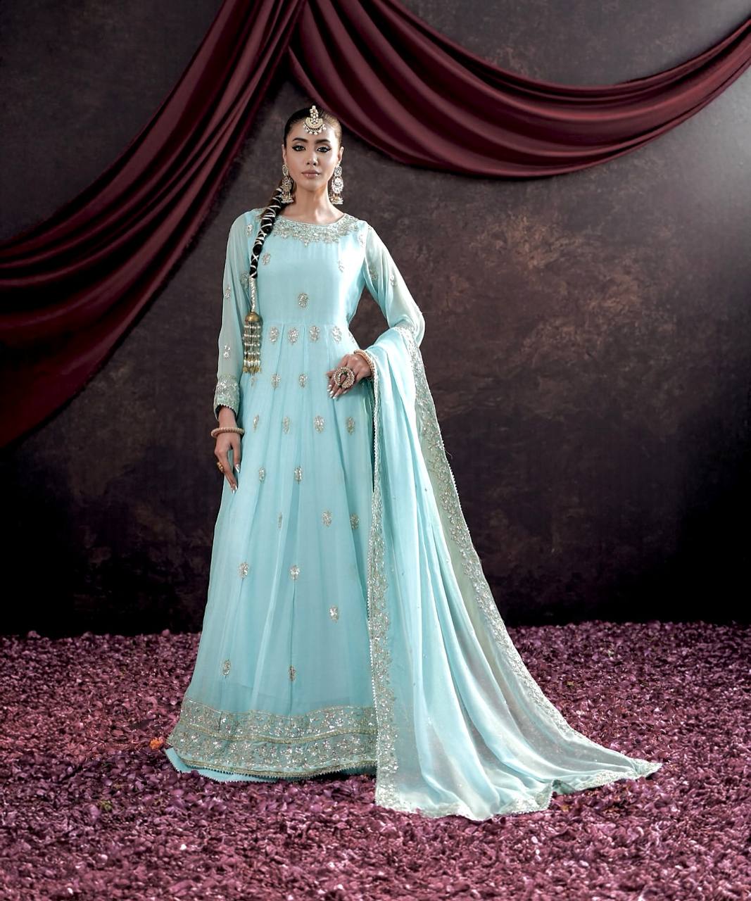 Pastel Blue Georgett  Gown with Dupatta and Golden Embroidery