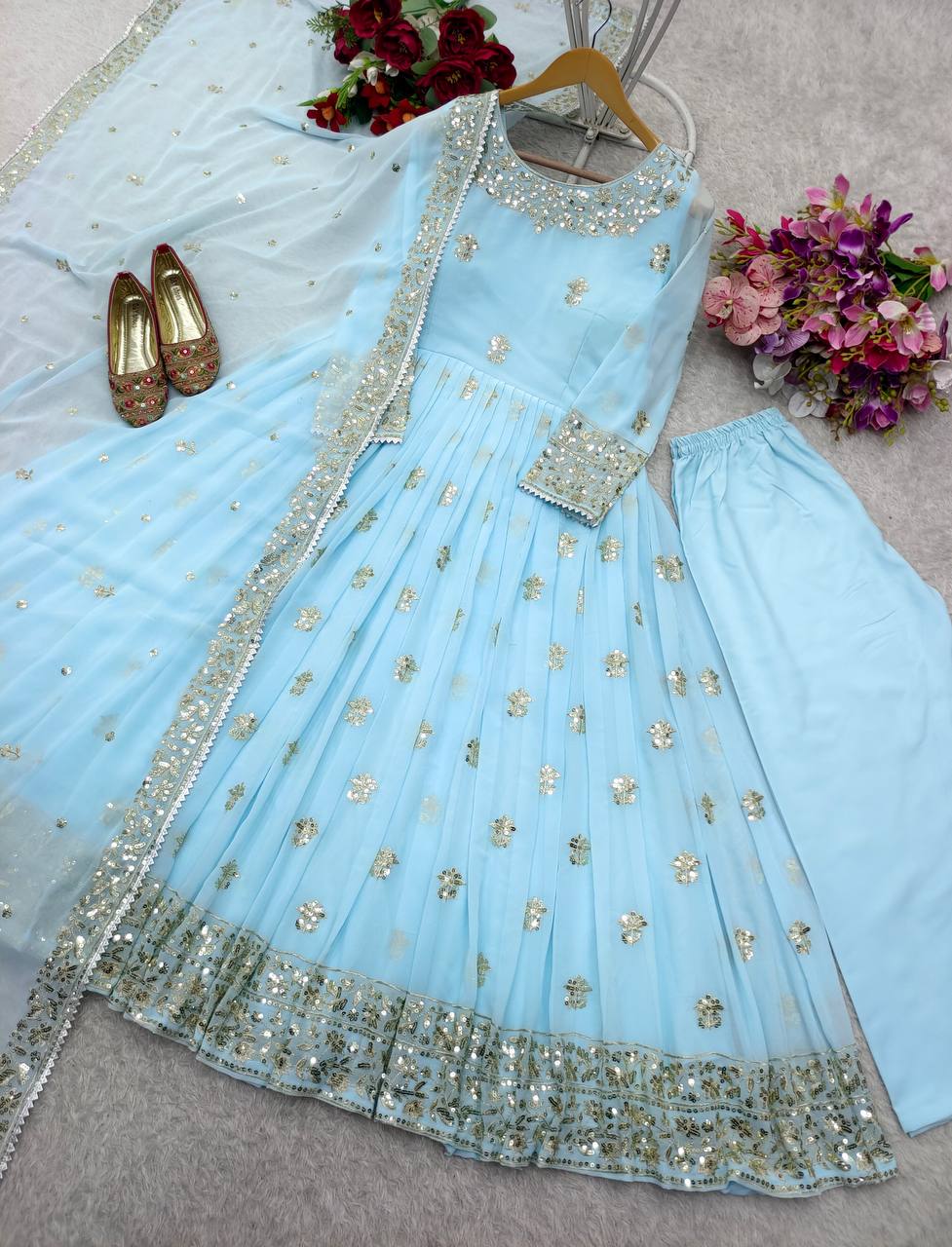 Pastel Blue Georgett  Gown with Dupatta and Golden Embroidery