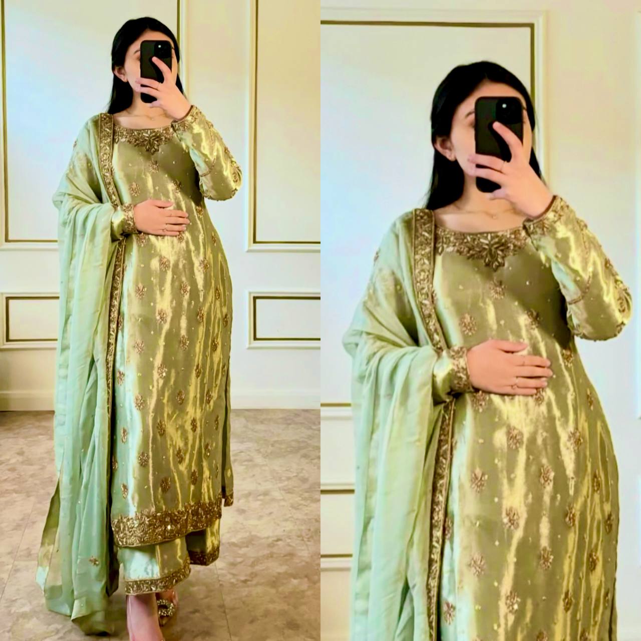 Pistachio Green Silk Suit with Gold Embroidery and Dupatta