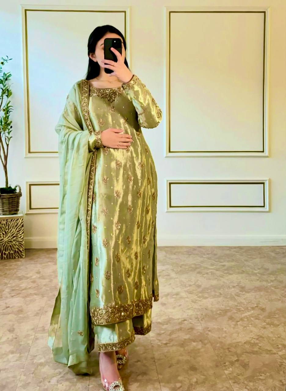 Pistachio Green Silk Suit with Gold Embroidery and Dupatta