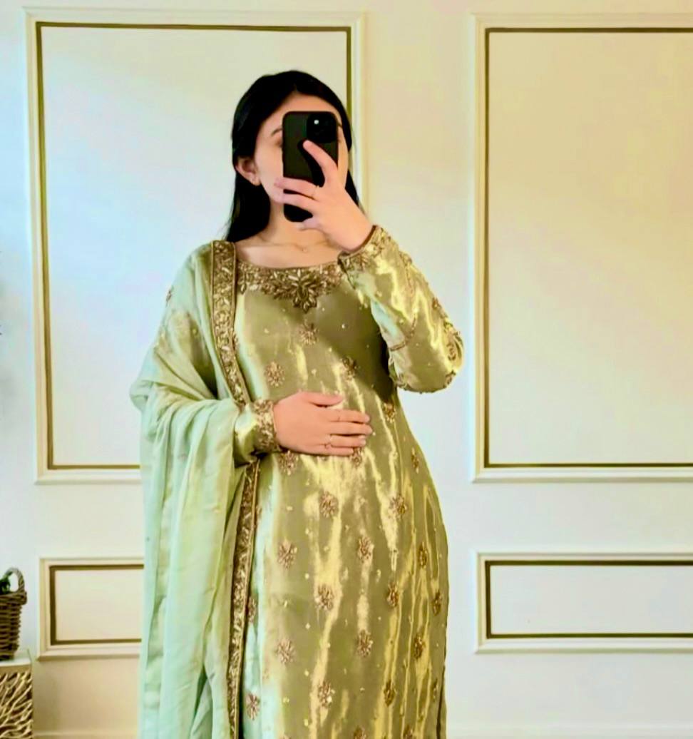 Pistachio Green Silk Suit with Gold Embroidery and Dupatta