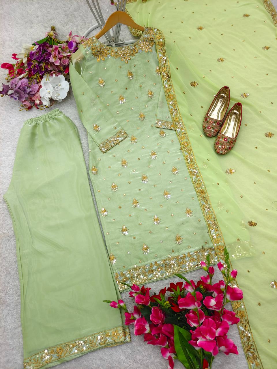 Pistachio Green Silk Suit with Gold Embroidery and Dupatta