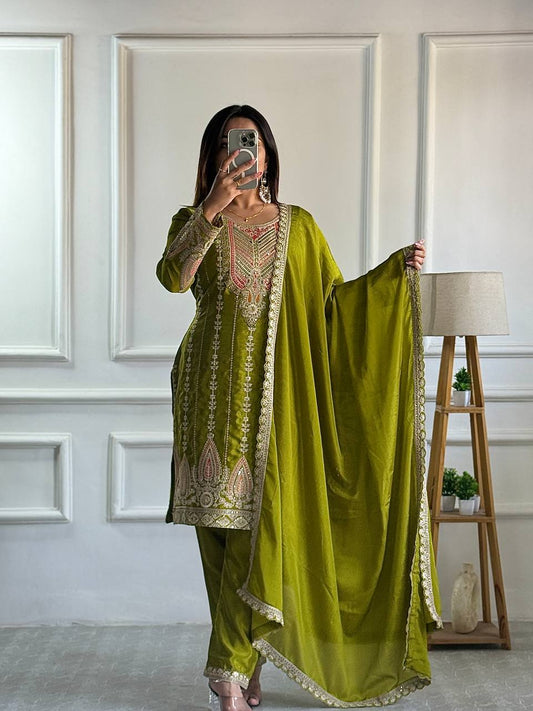 Olive Green Embroidered Suit with Golden Dupatta