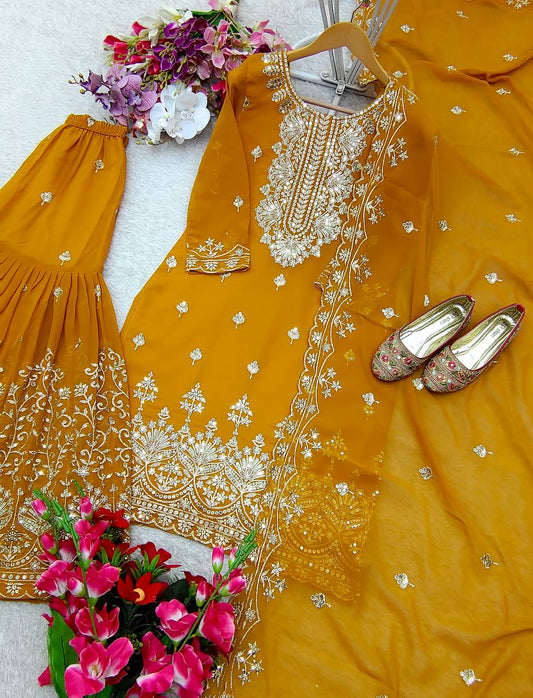 Golden Mustard Embroidered Sharara Suit with Dupatta