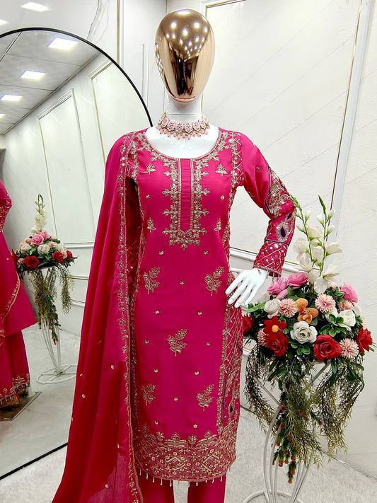 Pink Embroidered Straight Suit with Dupatta