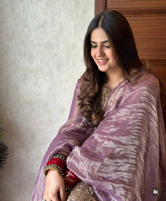 Royal Purple Embroidered Suit with Golden Dupatta and Trousers
