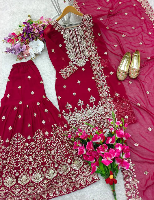 Red Sharara Suit with Heavy Golden Embroidery