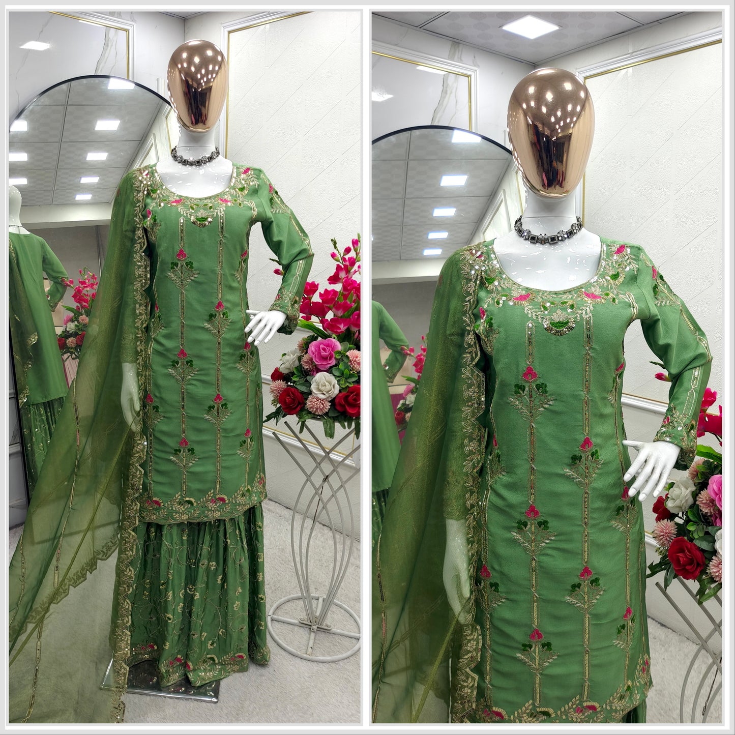 Elegant Green Embroidered Sharara Suit Set with Floral Accents