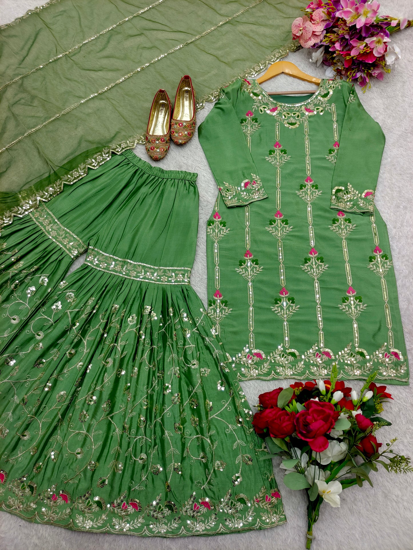 Elegant Green Embroidered Sharara Suit Set with Floral Accents