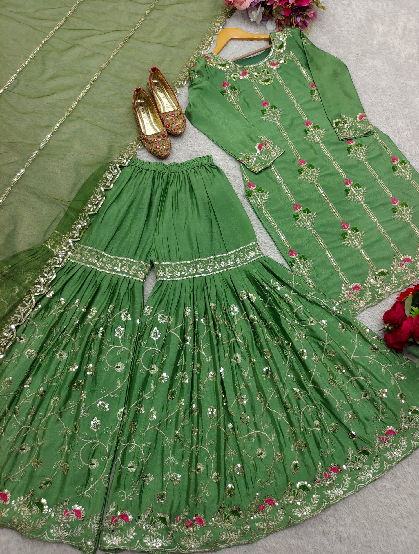 Elegant Green Embroidered Sharara Suit Set with Floral Accents