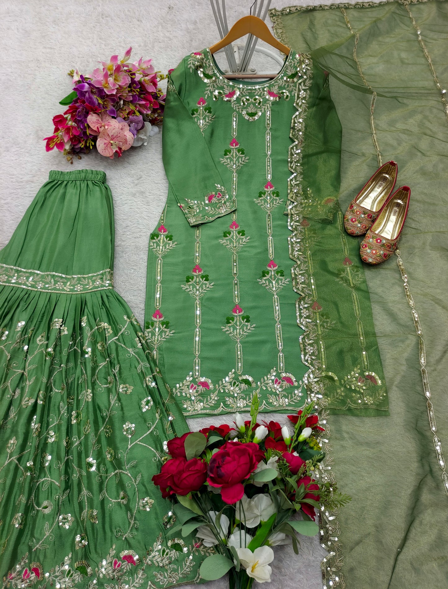 Elegant Green Embroidered Sharara Suit Set with Floral Accents