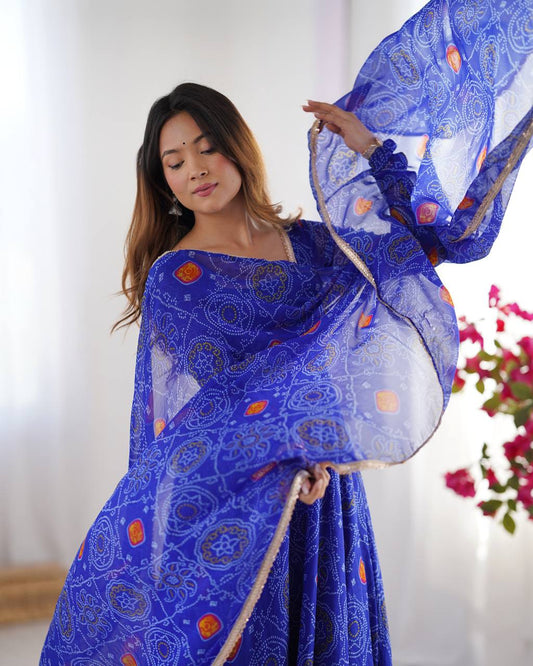 Royal Blue Bandhani Gown with Dupatta and Elegance