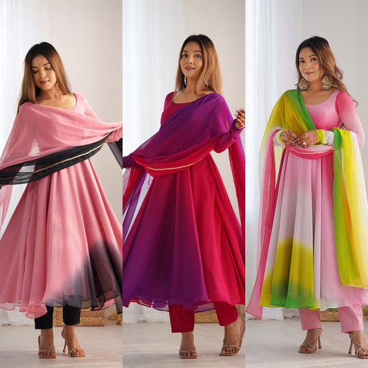 Anarkali Suit with Multicolor Ombre Dupatta Charm
