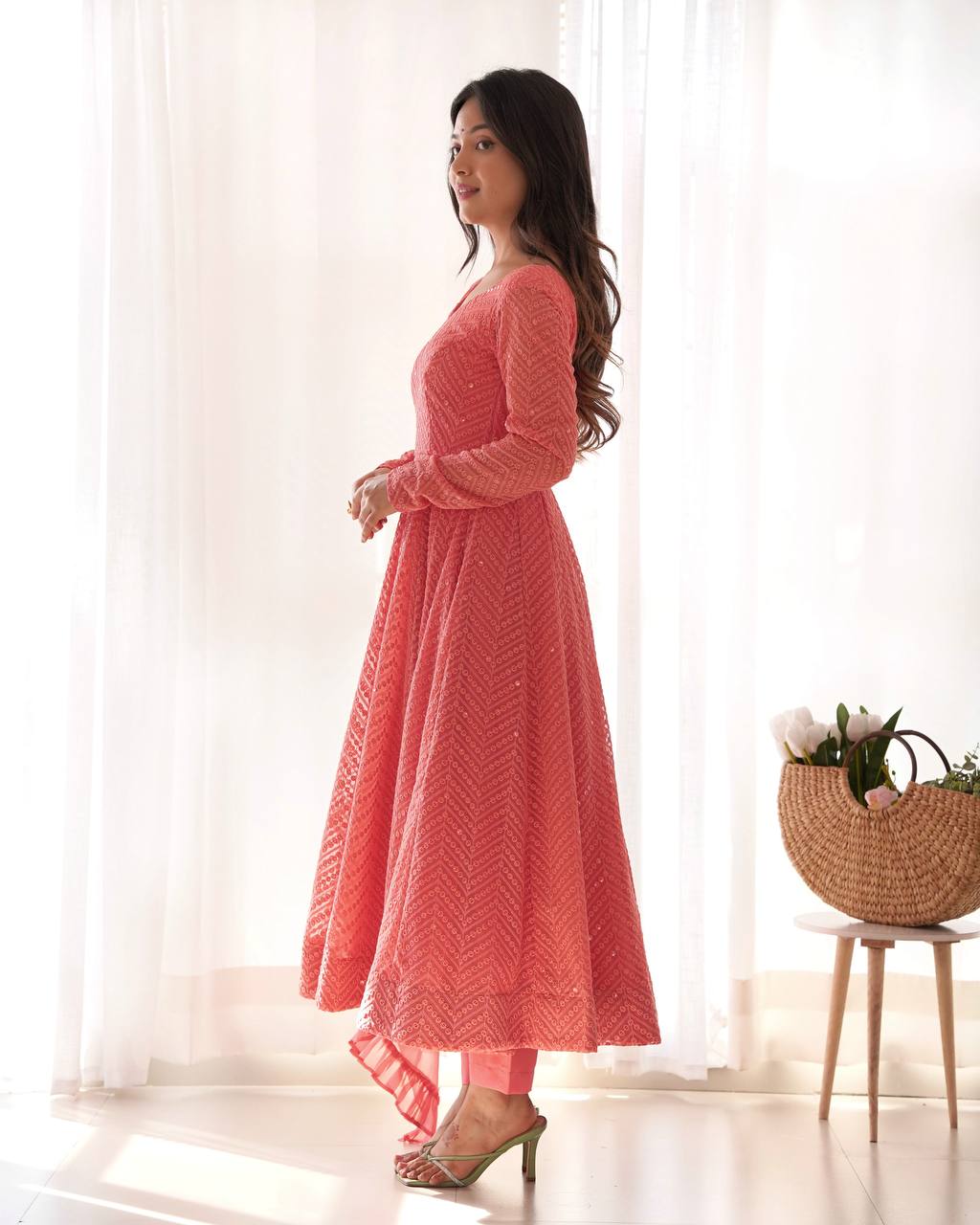 Elegant Peach Anarkali Suit with Embroidered Details and Ruffle Dupatta