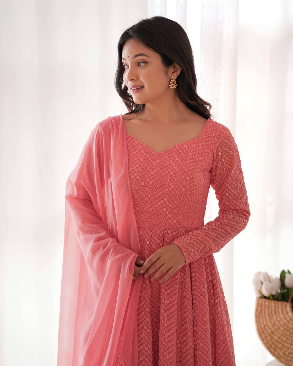 Elegant Peach Anarkali Suit with Embroidered Details and Ruffle Dupatta